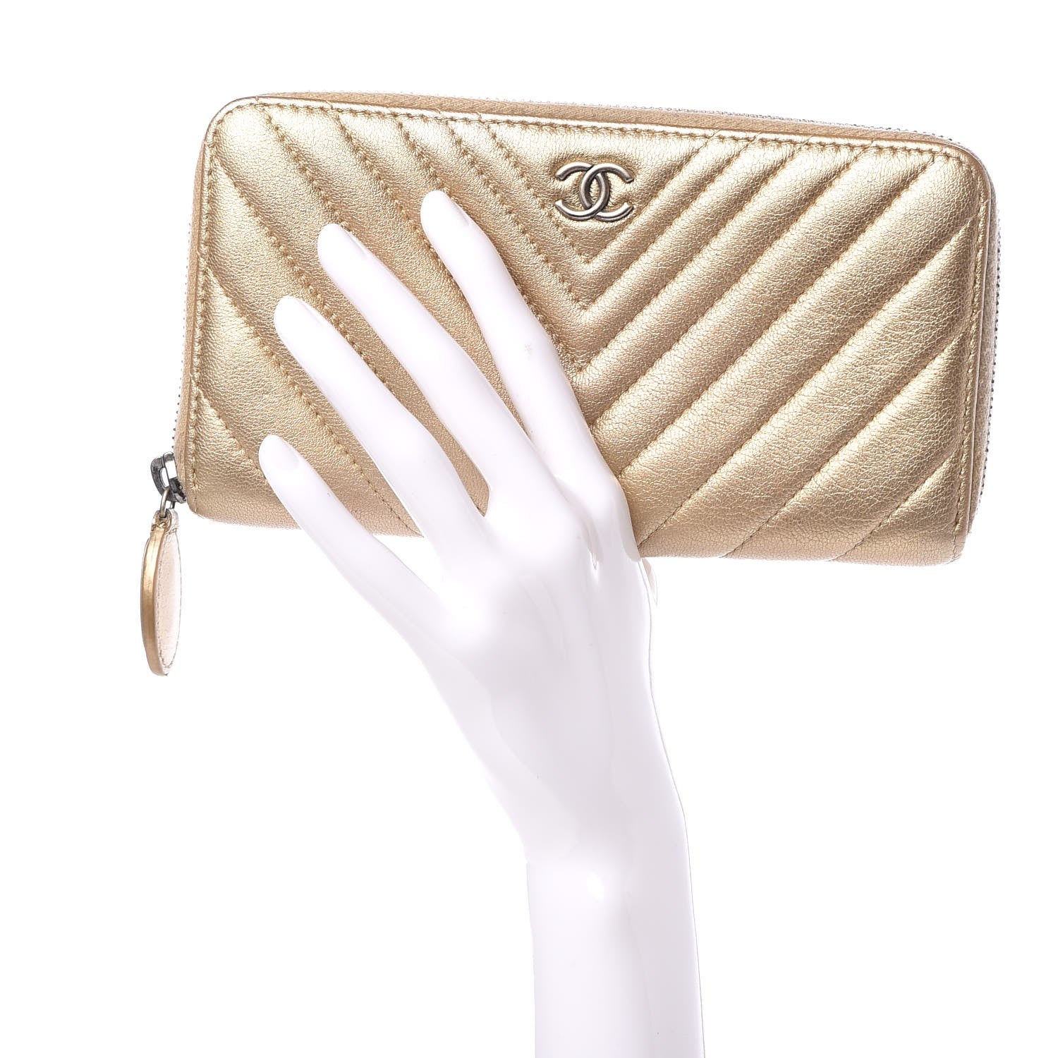 Chanel Metallic Calfskin Chevron Quilted Small Zip Around Wallet Gold 2 of 10