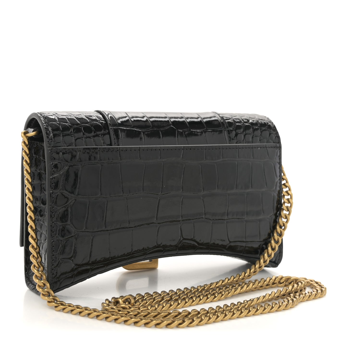 Shiny Calfskin Crocodile Embossed Hourglass Chain Bag Black