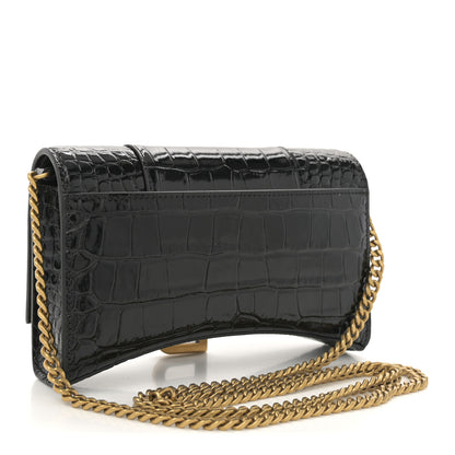 Balenciaga Shiny Calfskin Crocodile Embossed Hourglass Chain Bag Black 3 of 9