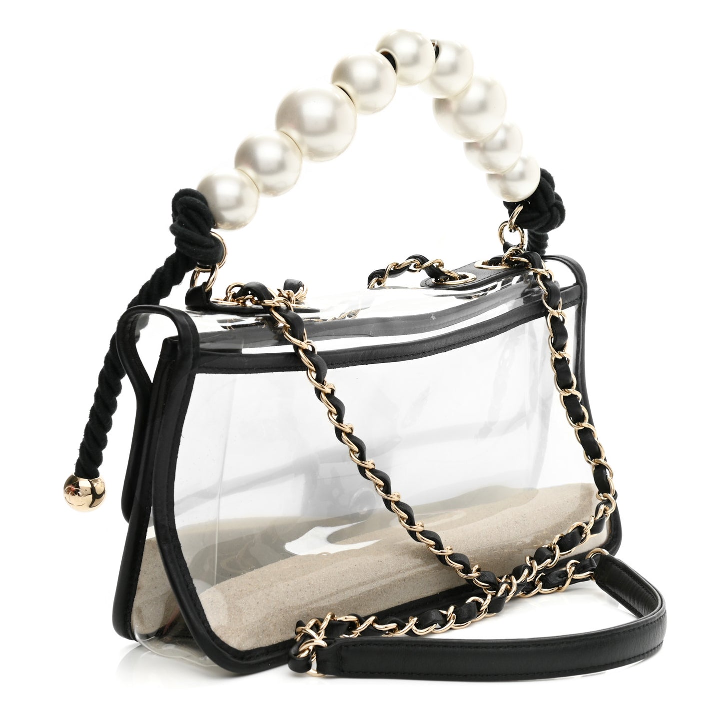 Lambskin PVC Sand By The Sea Flap With Pearl Strap Black