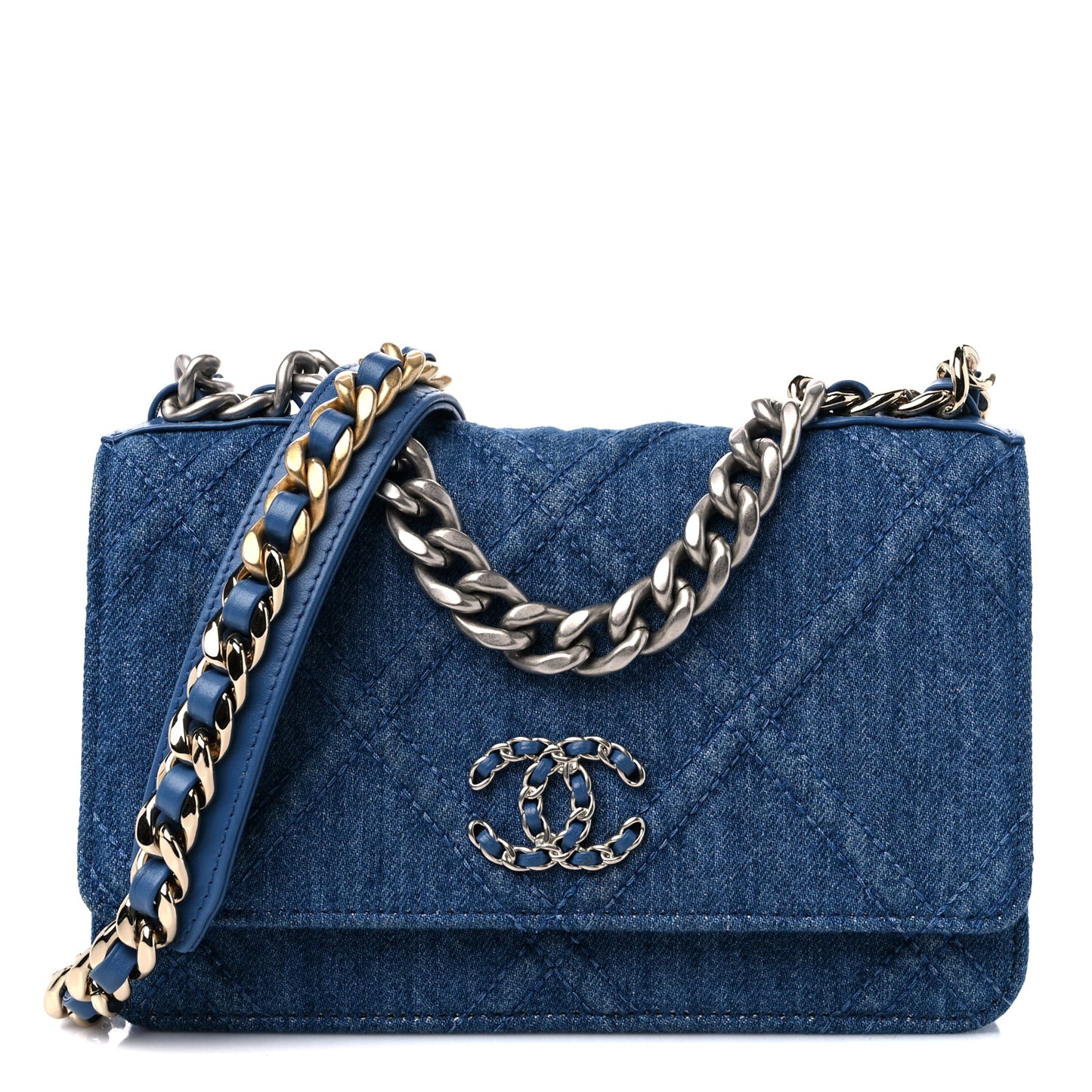 Denim Quilted Chanel 19 Wallet On Chain WOC Blue