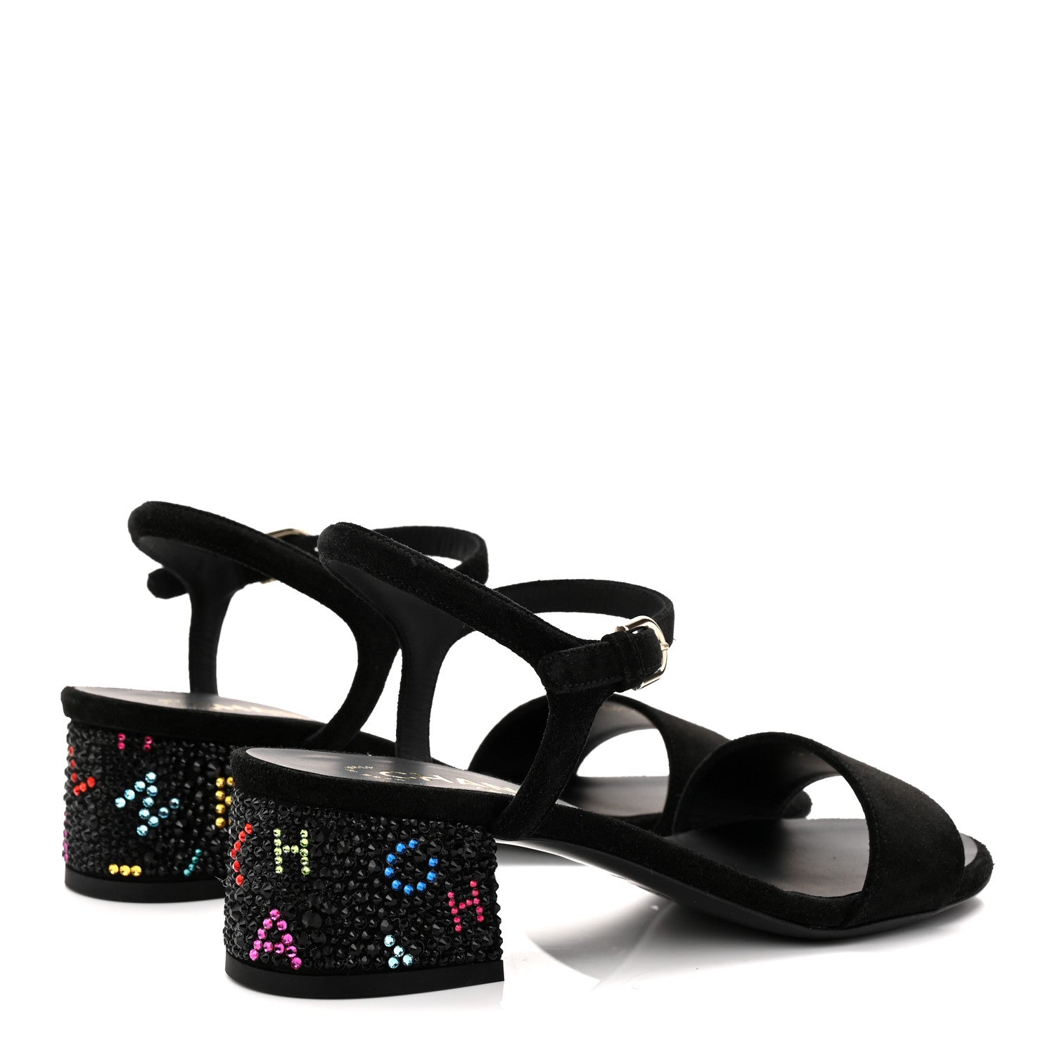 Chanel Suede Strass Ankle Strap Sandals 37.5 Black Multicolor 4 of 10