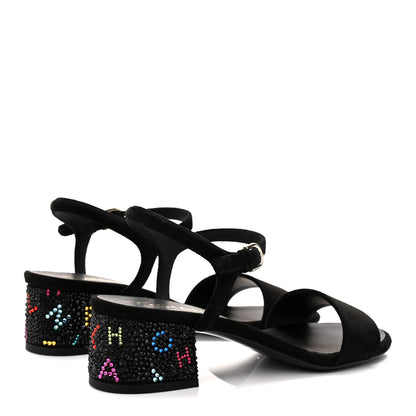 Chanel Suede Strass Ankle Strap Sandals 37.5 Black Multicolor 4 of 10