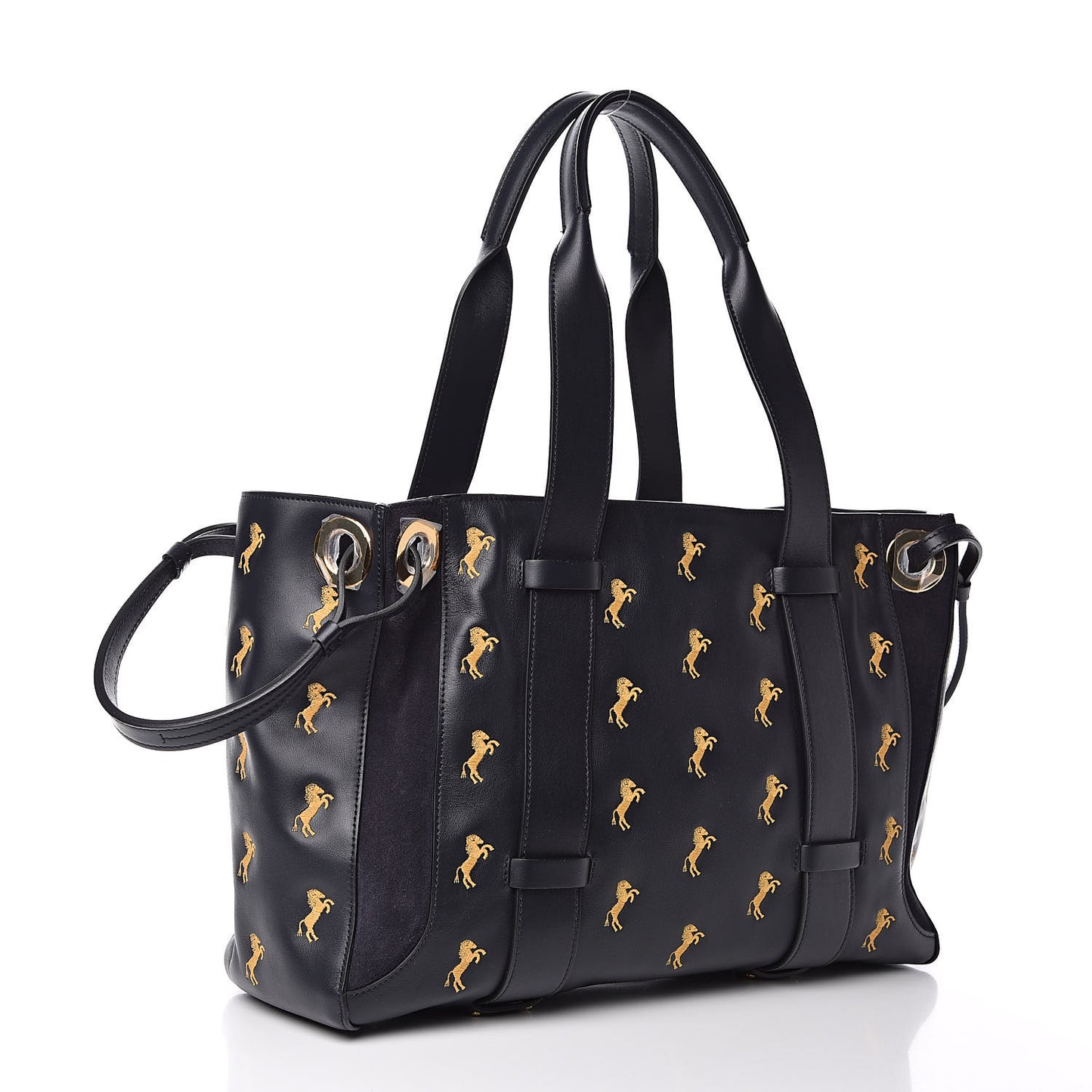 Smooth Calfskin Little Horses Embroidered Tao Zipped Tote Full Blue