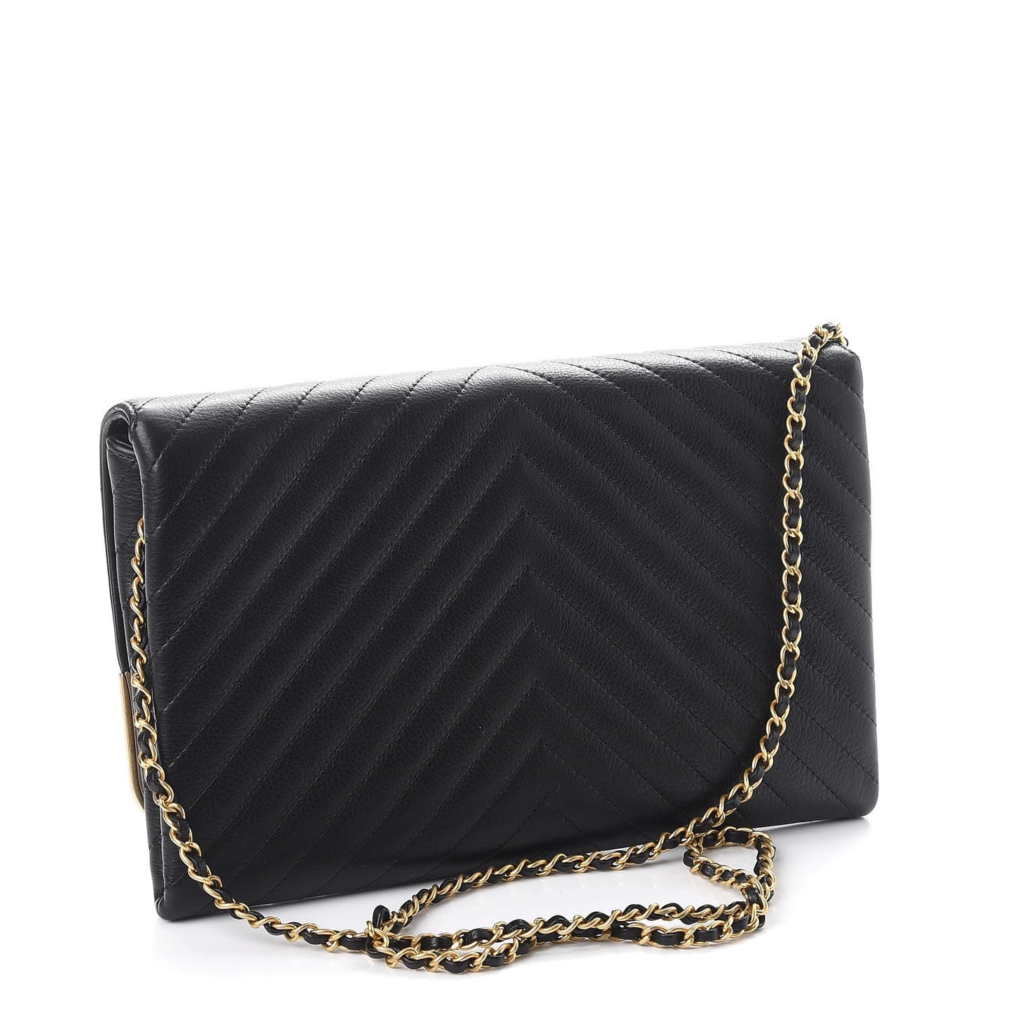 Calfskin Chevron Quilted Rock The Corner Clutch With Chain Black