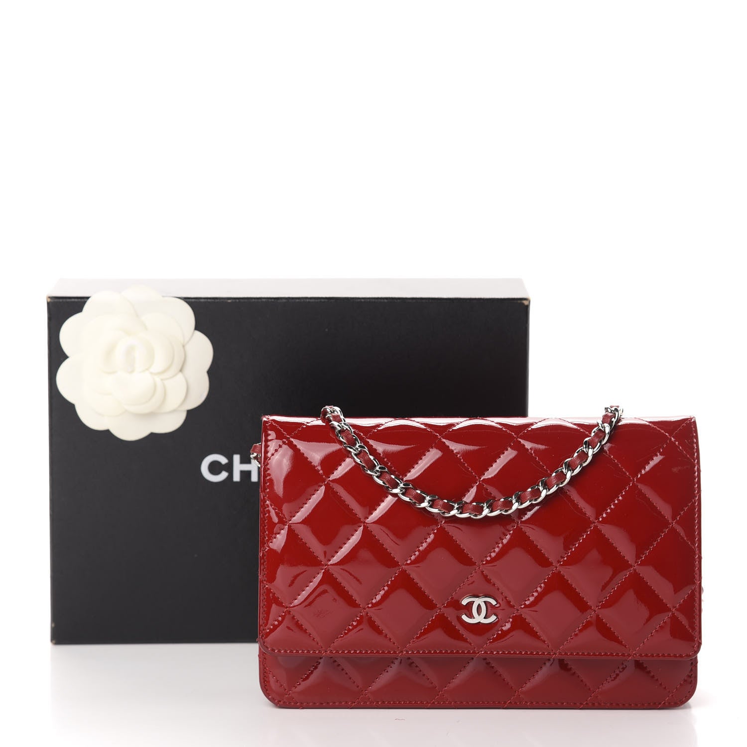 Chanel Patent Quilted Wallet On Chain WOC Red 12 of 12