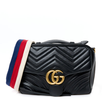 Gucci Calfskin Matelasse Sylvie Web Small GG Marmont Top Handle Shoulder Bag Black 1 of 11