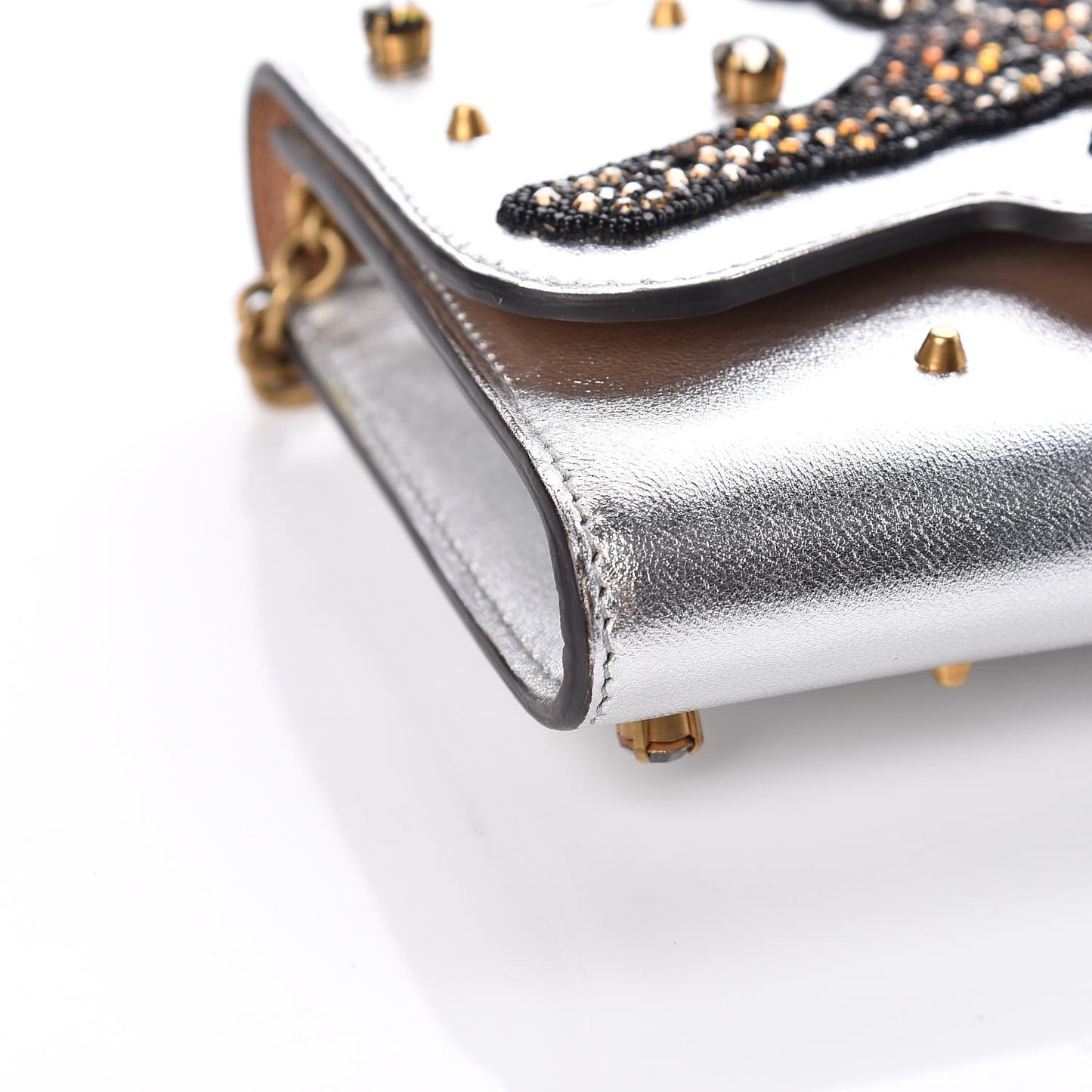 Metallic Nappa Embellished Tiger Broadway Chain Clutch Silver