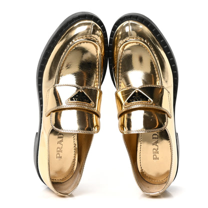 Prada Metallic Brushed Calfskin Metal Triangle Logo 50mm Loafers 39.5 Platino 2 of 8