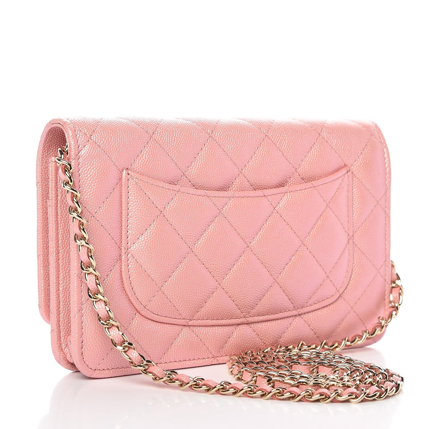 Iridescent Caviar Quilted Wallet on Chain WOC Rose Pink