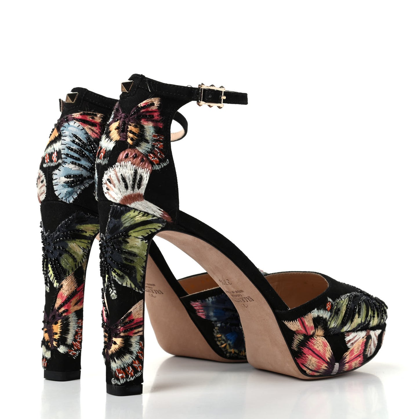 Suede Butterfly Embroidered d'Orsay Ankle Strap Platform Pumps 37.5 Black