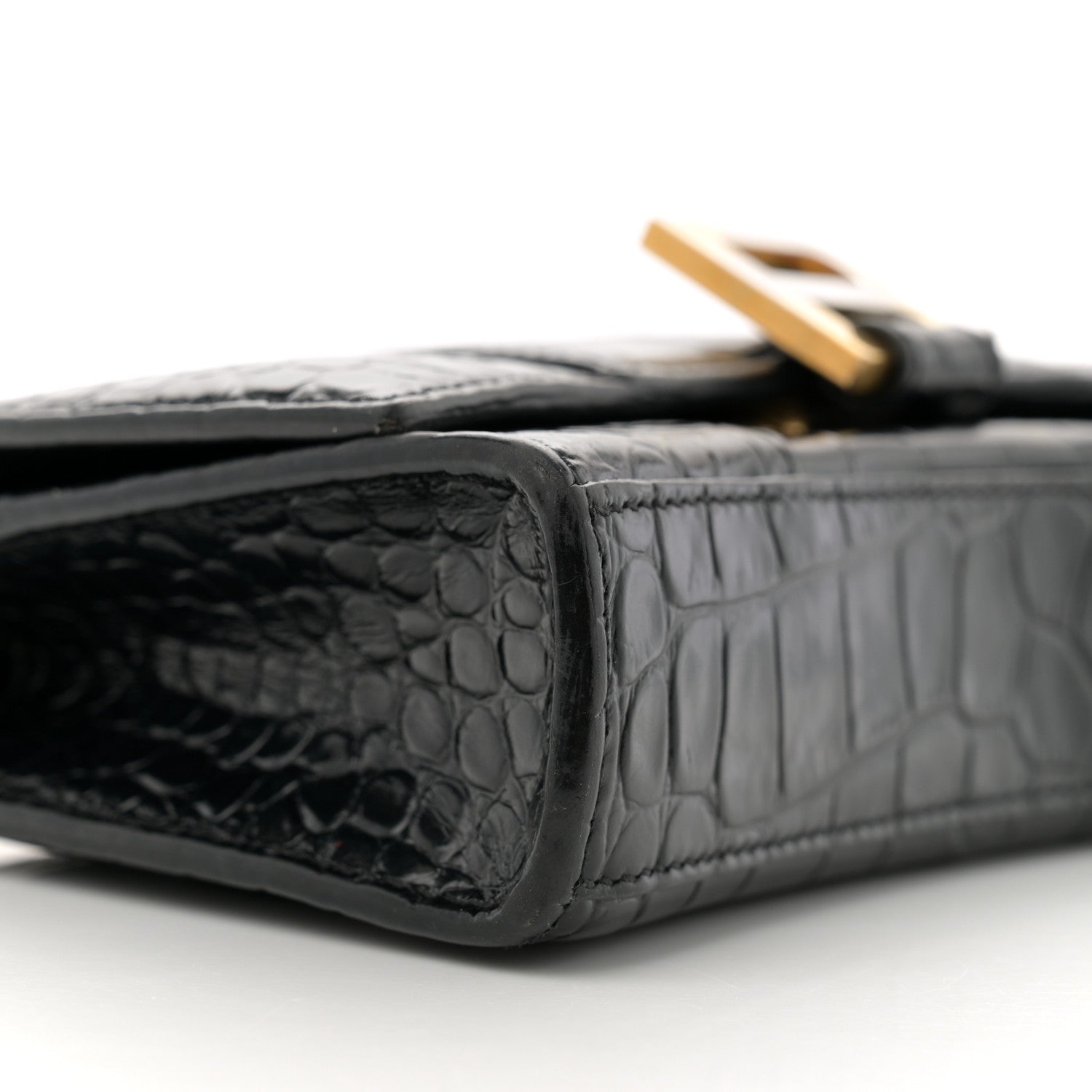Balenciaga Shiny Calfskin Crocodile Embossed Hourglass Chain Bag Black 9 of 12