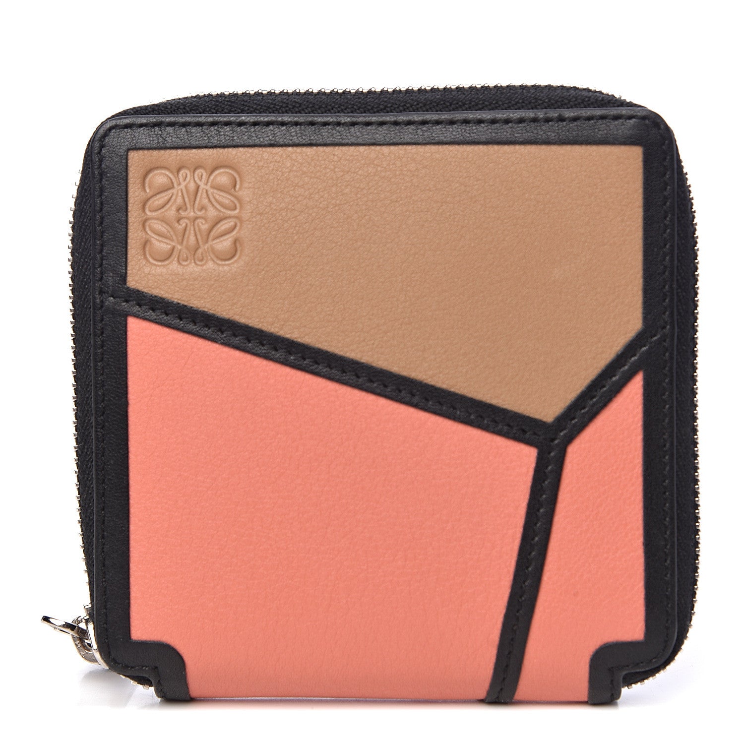 Loewe Calfskin Small Puzzle French Zip Around Wallet Black Pink Tulip Mocca 1 of 7
