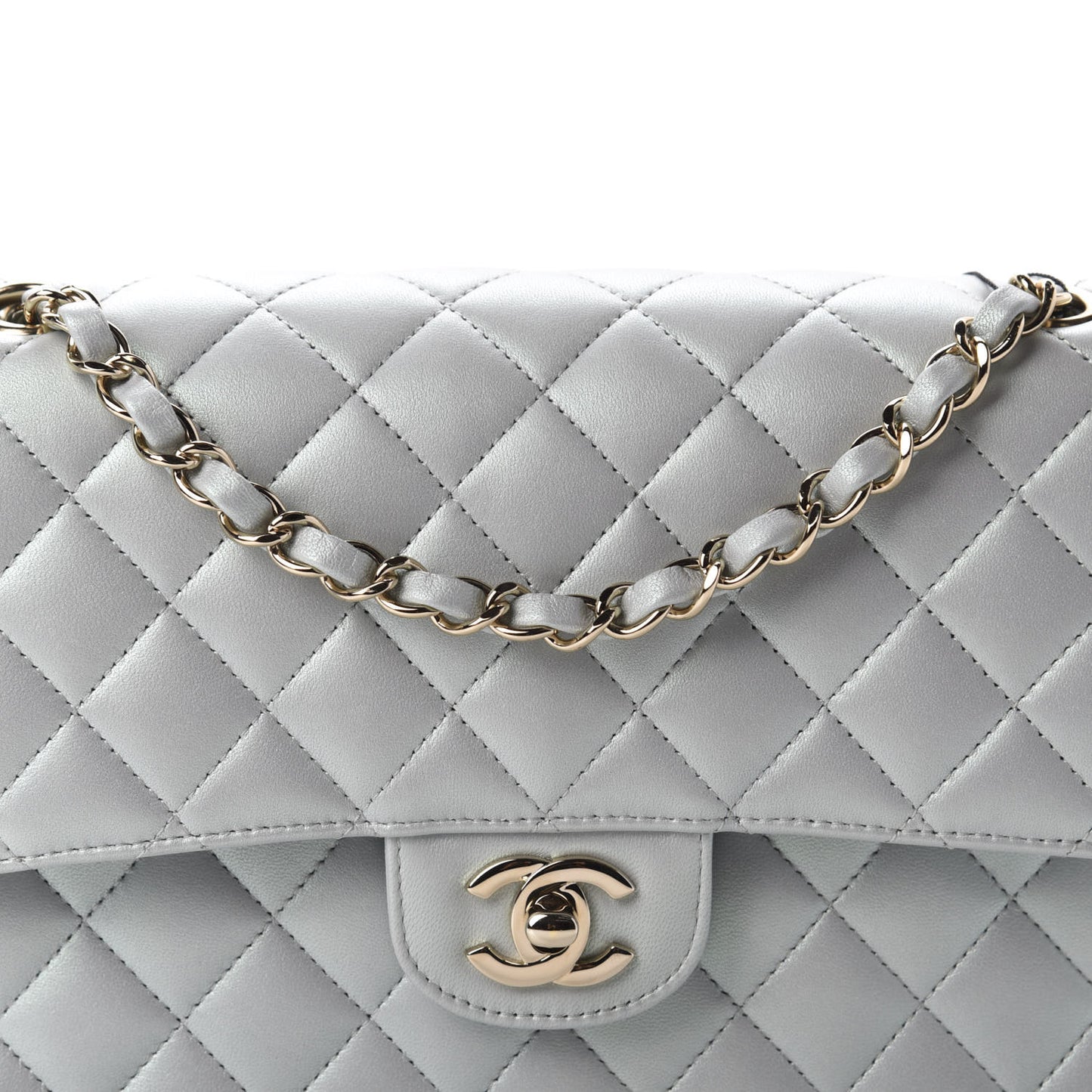 Iridescent Lambskin Quilted Medium Double Flap Light Blue