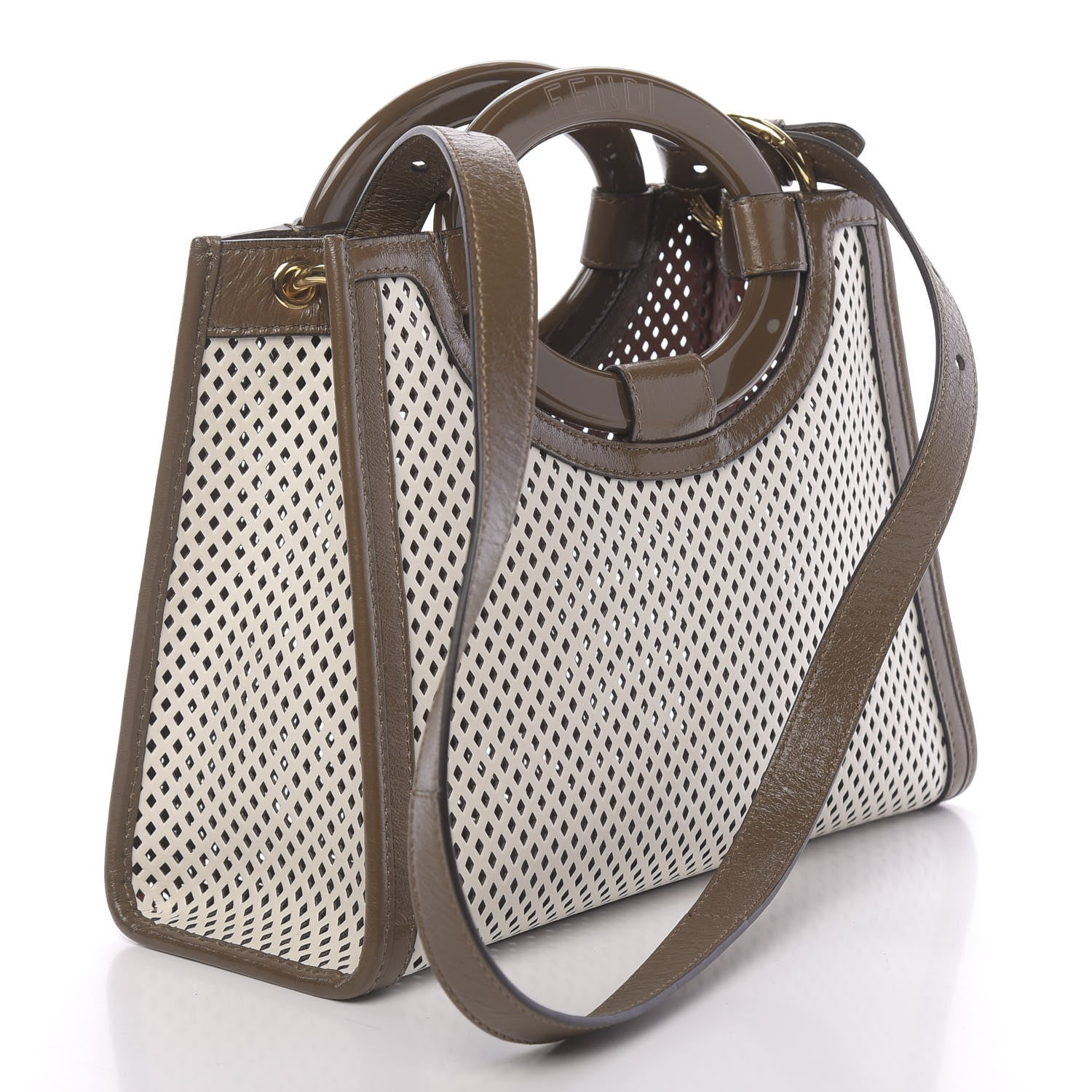 Fendi Vitello Liberty Glossy Lambskin Perforated Small Runaway Shopper Tote White Ice Rust Maya 4 of 10