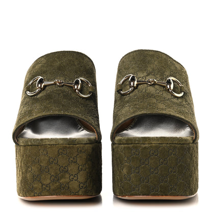 Gucci Suede GG Debossed Horsebit Wedge Sandals 39.5 Forest Green 3 of 10