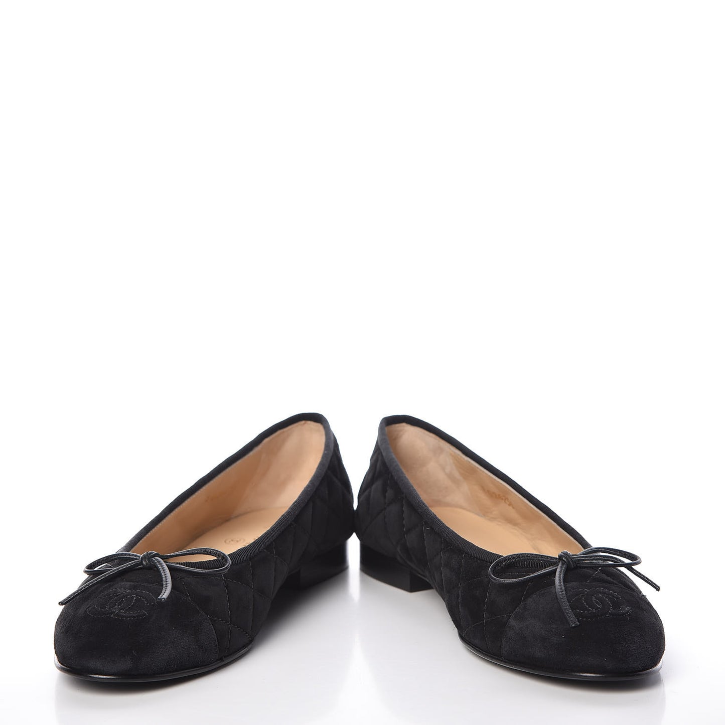 Suede Calfskin Quilted Cap Toe CC Ballerina Flats 38 Black