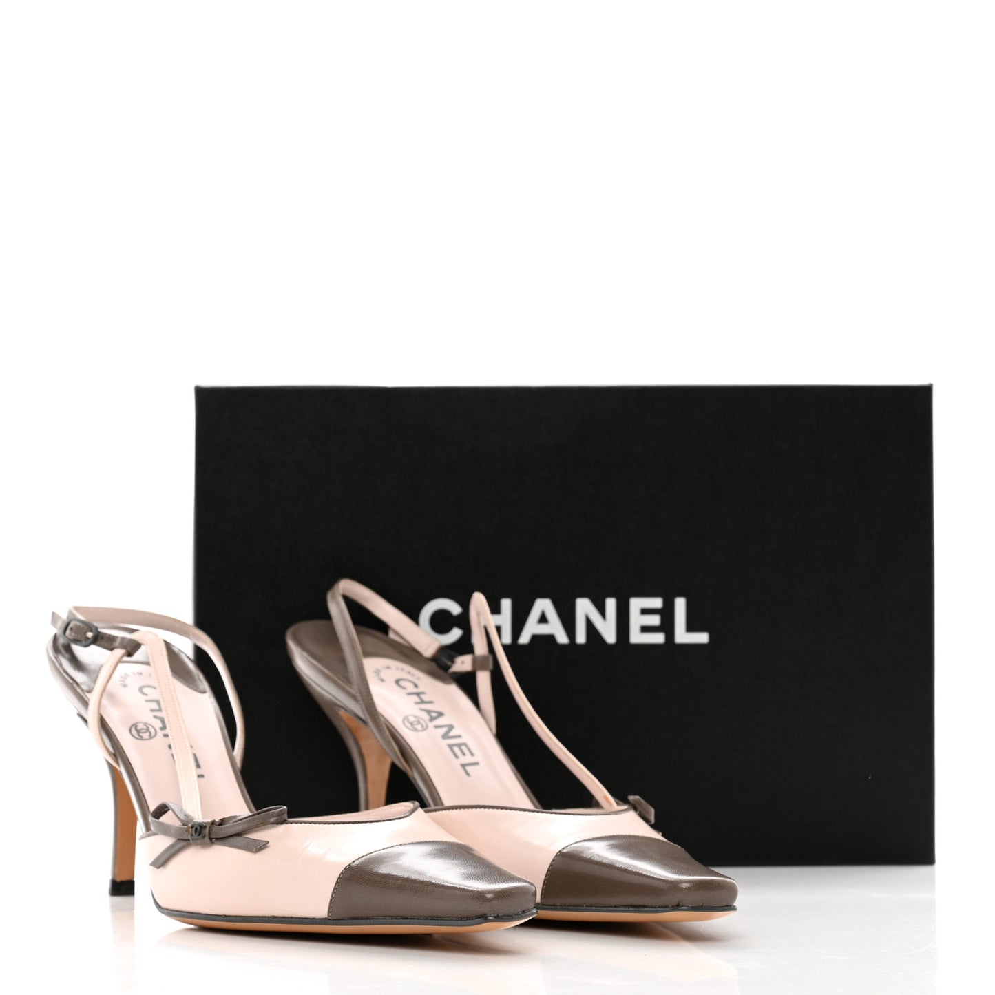 Lambskin CC Cap Toe Bow Slingback Pumps 39.5 Pink Grey