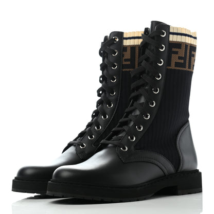 Fendi Calfskin Stretch Fabric Rockoko Biker Boots 38 Tobacco Black Marino 3 of 7