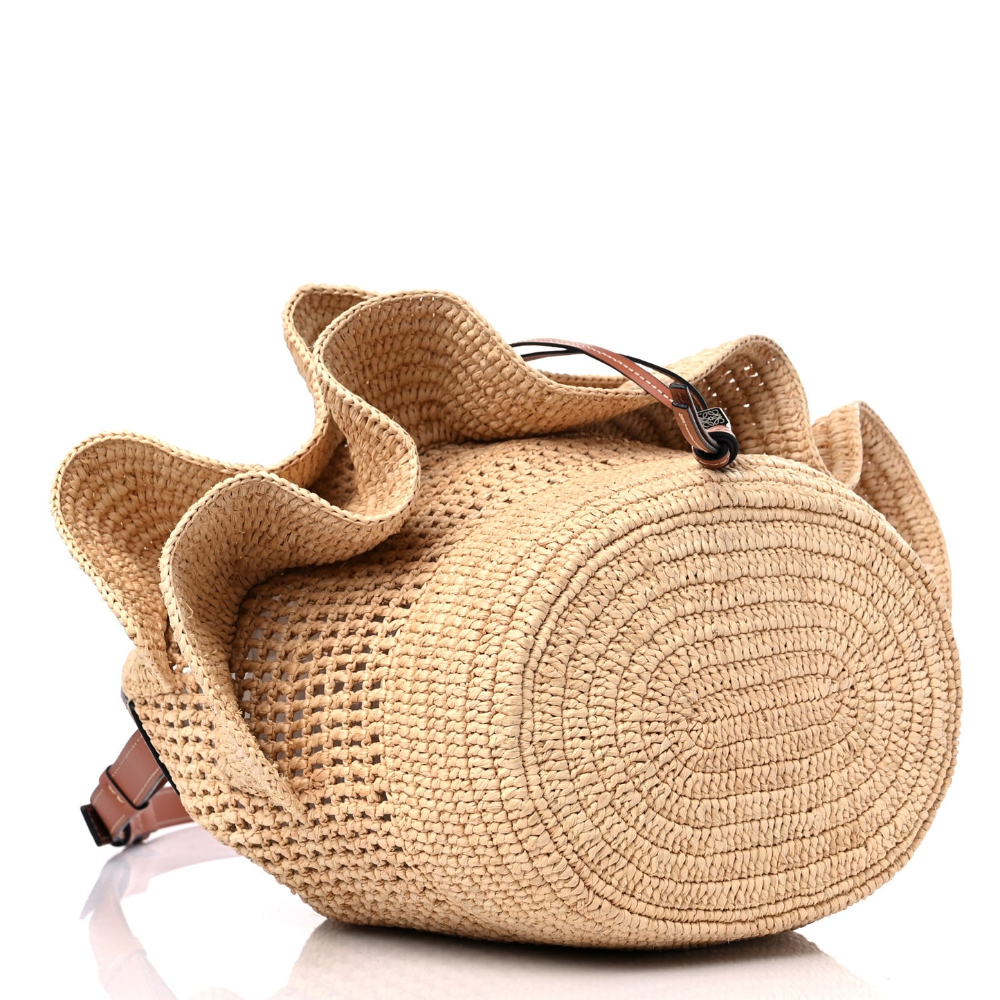 Raffia Calfskin Balloon Ruffles Bucket Bag Natural Tan