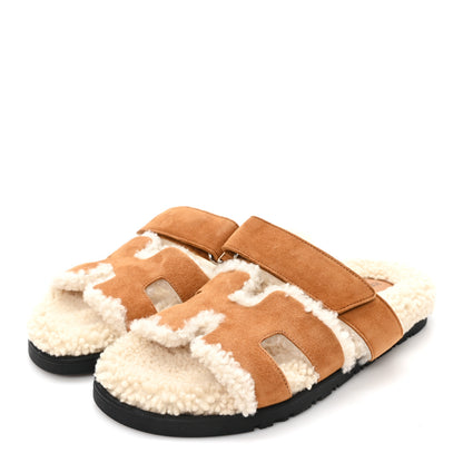 Hermes Suede Goatskin Woolskin Womens Chypre Sandals 36.5 Naturel Ecru 4 of 9