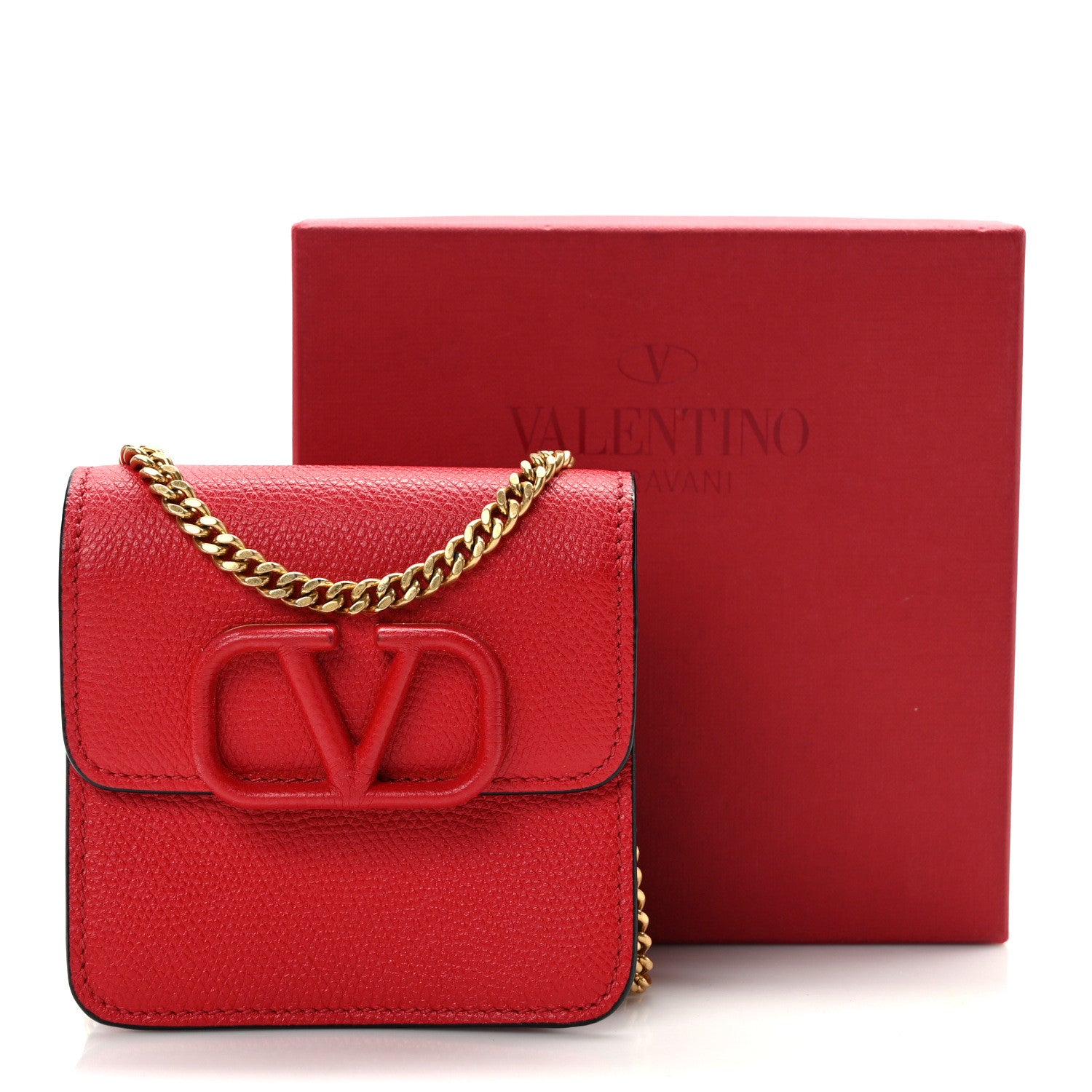 Valentino Garavani VALENTINO GARAVANI Grainy Calfskin VLogo Compact Wallet with Chain Rouge Pur 9 of 9