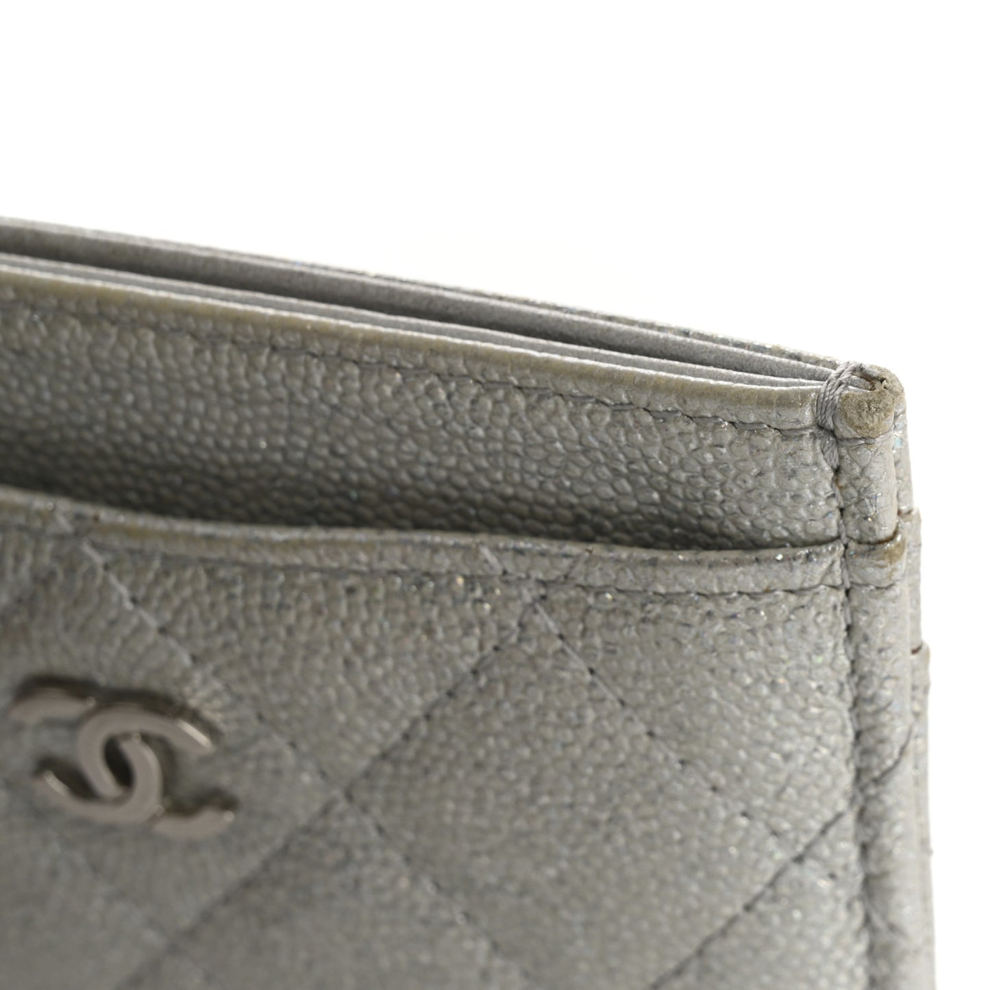 Glittered Metallic Caviar Quilted Card Holder Silver