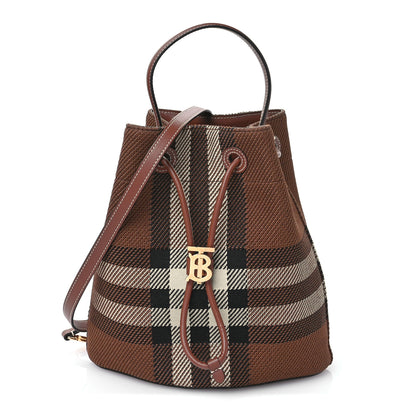 Burberry Knitted Check Calfskin TB Small Drawstring Bucket Bag Dark Birch Brown 1 of 11