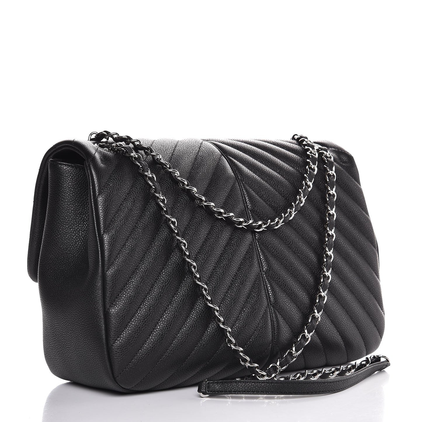 Caviar Chevron Quilted Large Puffy CC Flap Black