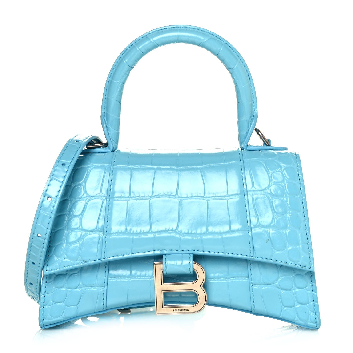 Balenciaga Shiny Calfskin Crocodile Embossed Hourglass Top Handle Bag XS Azur 1 of 9
