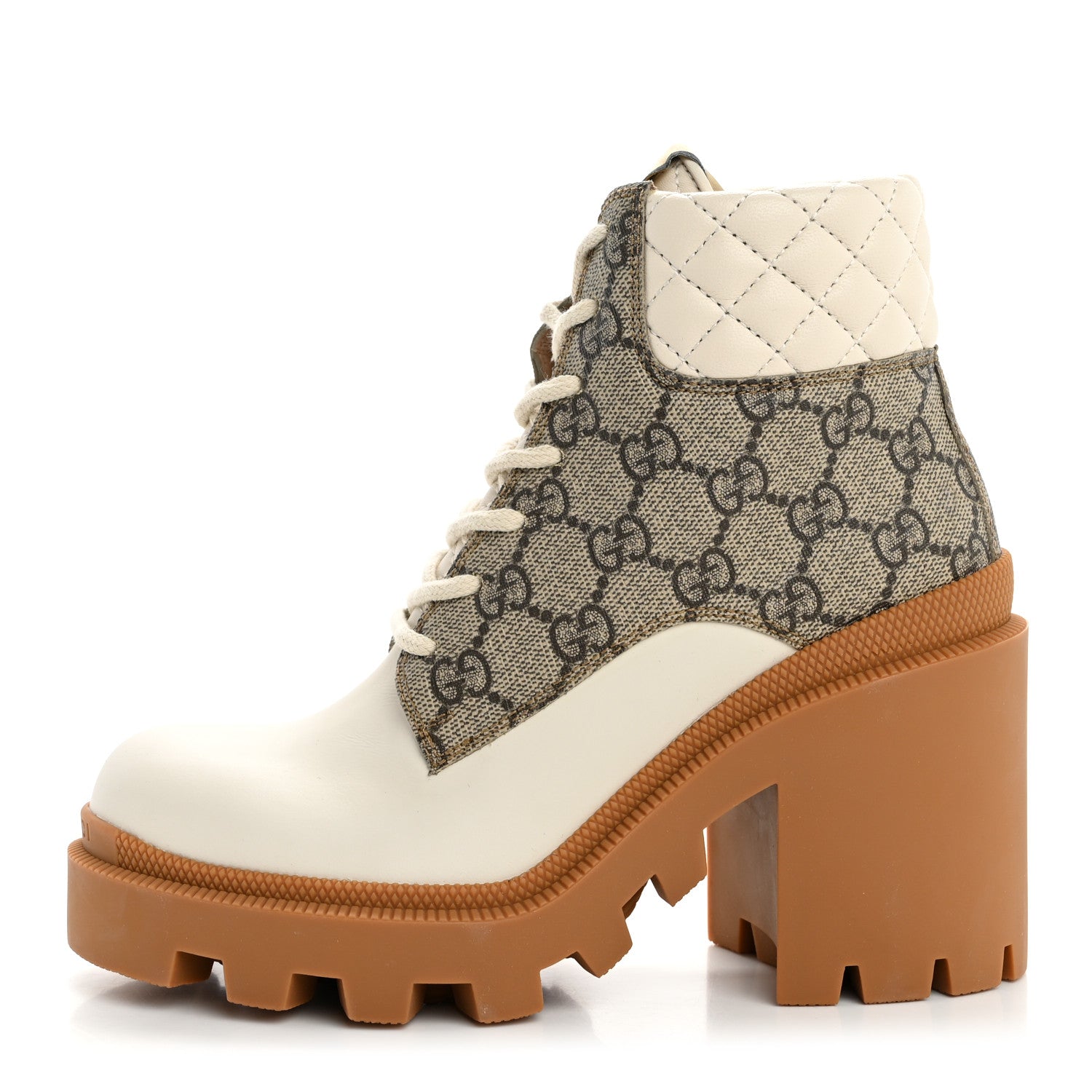 Gucci Calfskin GG Supreme Monogram Nappa Quilted Lace Up Ankle Boots 35 Mystic White Beige 1 of 10
