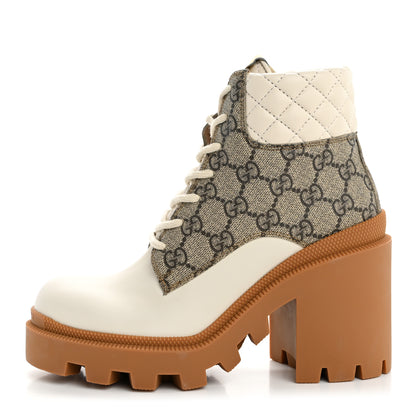 Gucci Calfskin GG Supreme Monogram Nappa Quilted Lace Up Ankle Boots 35 Mystic White Beige 1 of 10