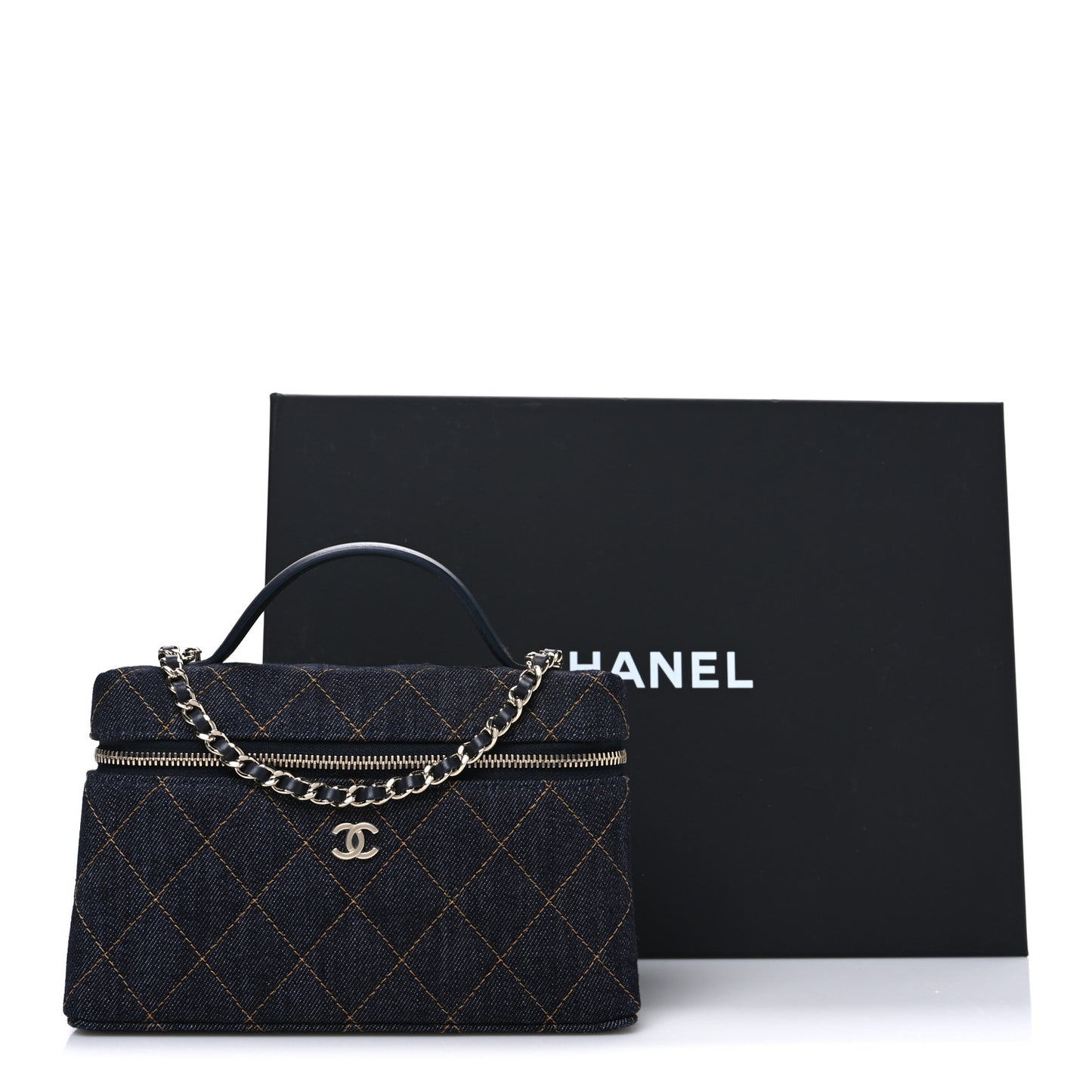Denim Quilted Top Handle Slim Vanity Case With Chain Dark Blue Orange