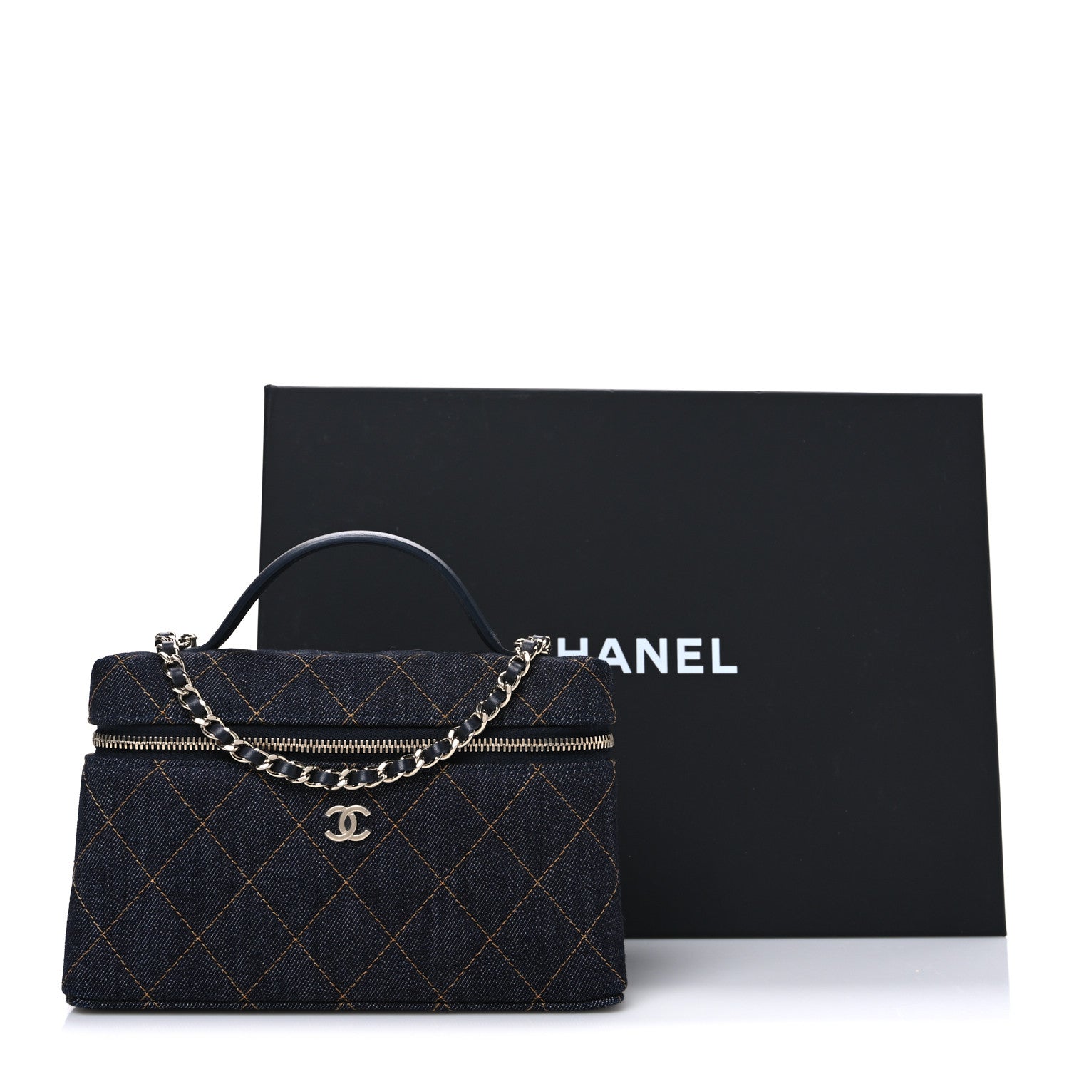 Chanel Denim Quilted Top Handle Slim Vanity Case With Chain Dark Blue Orange 11 of 11