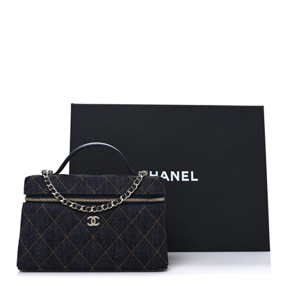 Chanel Denim Quilted Top Handle Slim Vanity Case With Chain Dark Blue Orange 11 of 11