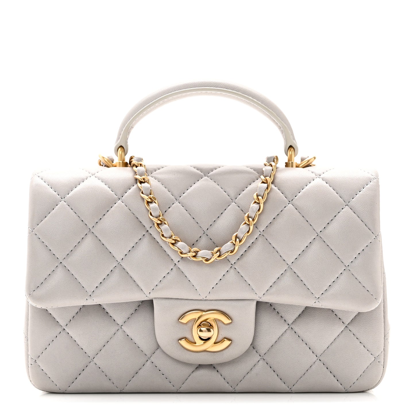 Lambskin Quilted Mini Top Handle Rectangular Flap Grey