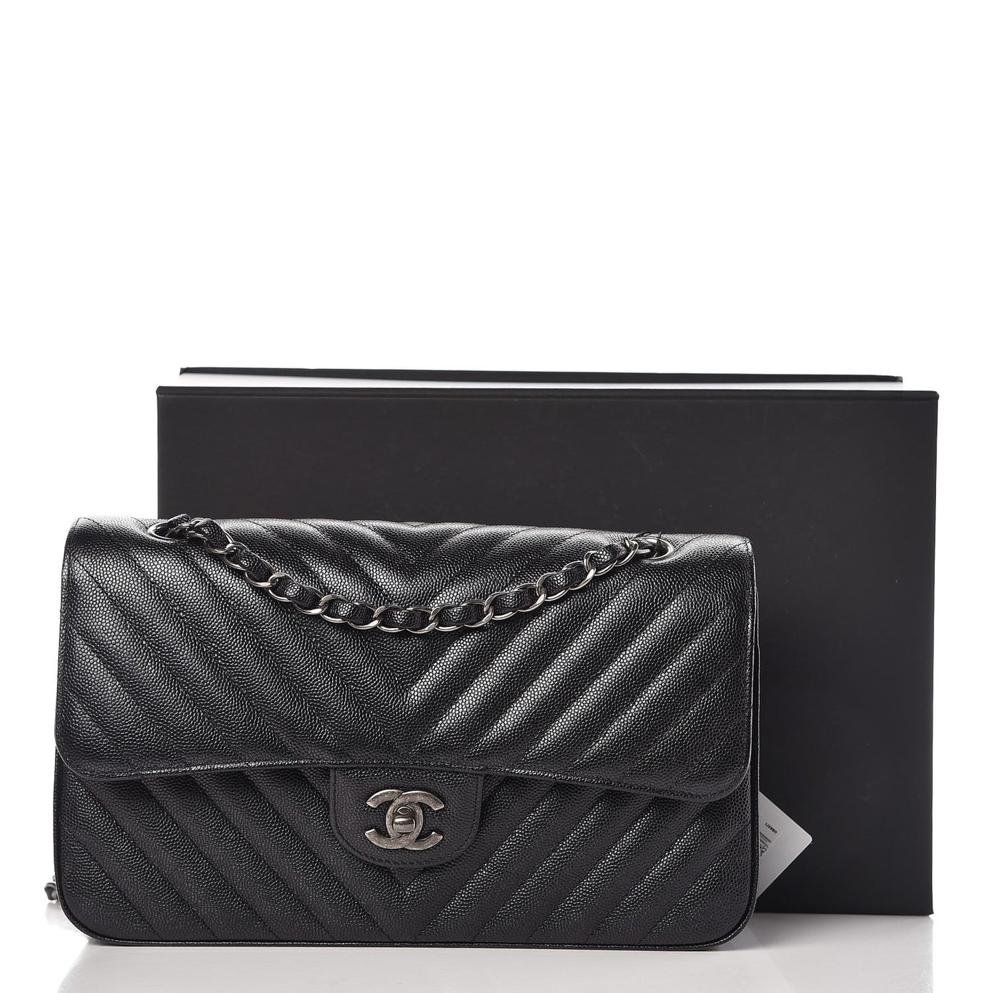 Caviar Chevron Quilted Medium Double Flap Black