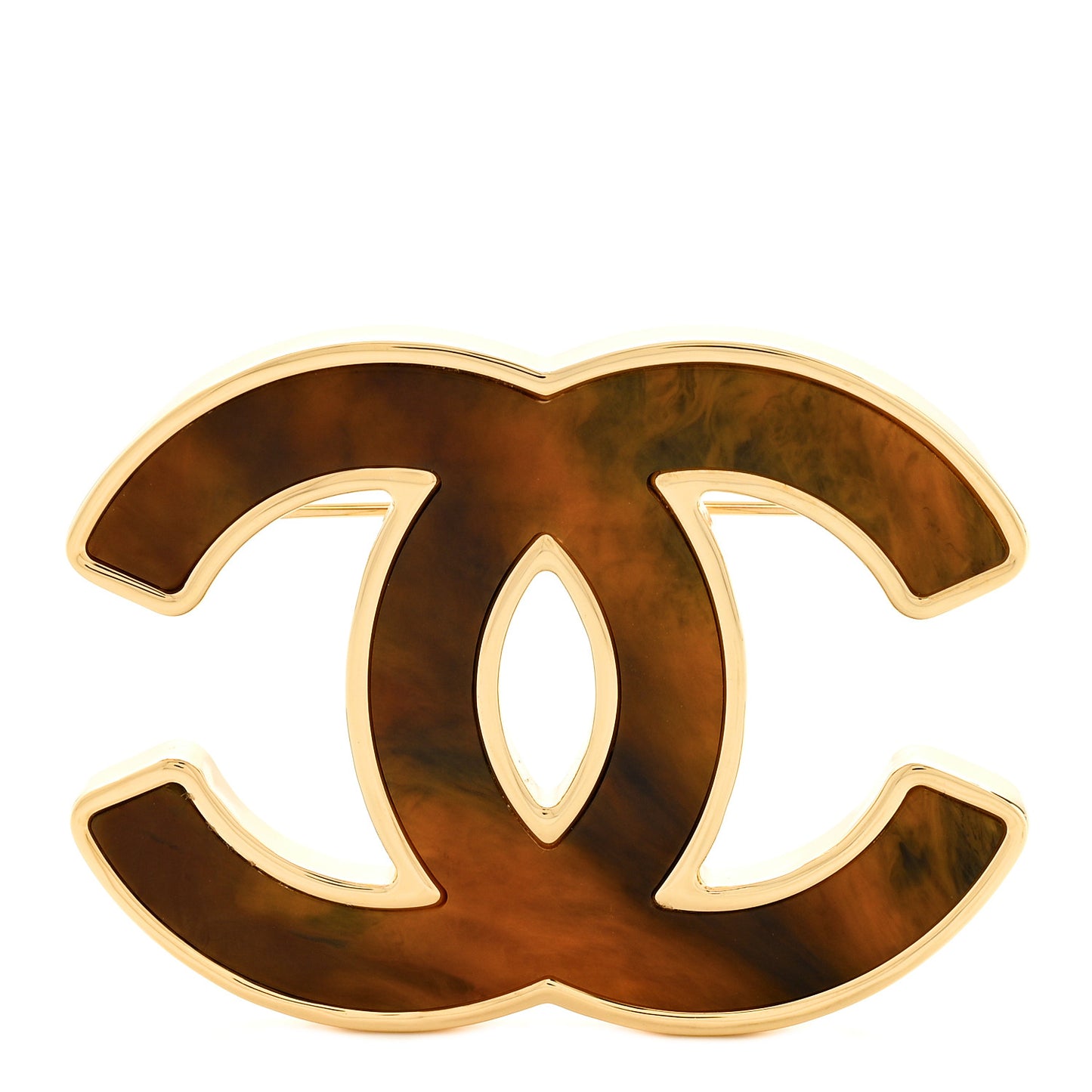 Metal Marbled Enamel CC Brooch Brown Light Gold