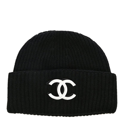 Chanel Wool Cashmere CC Beanie Hat Light Black White 1 of 4