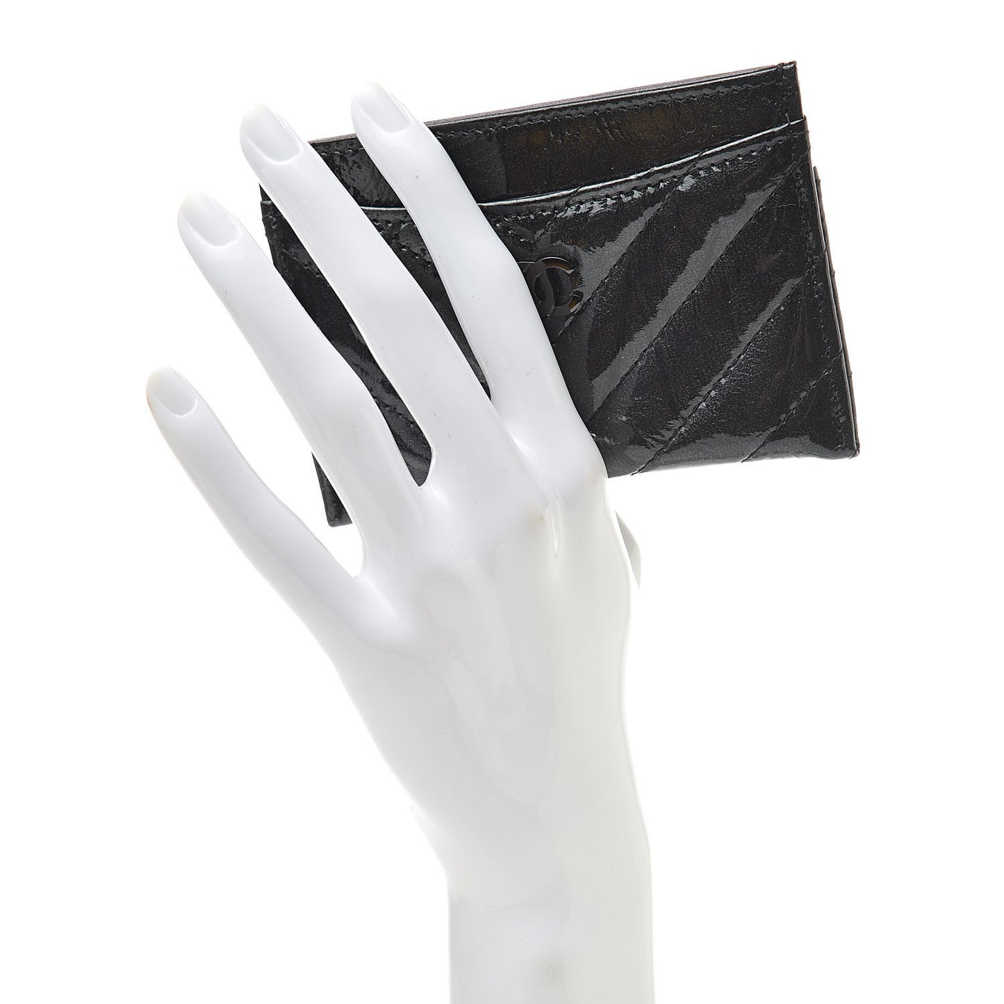 Patent Metallic Crumpled Calfskin Chevron Quilted Card Holder Black