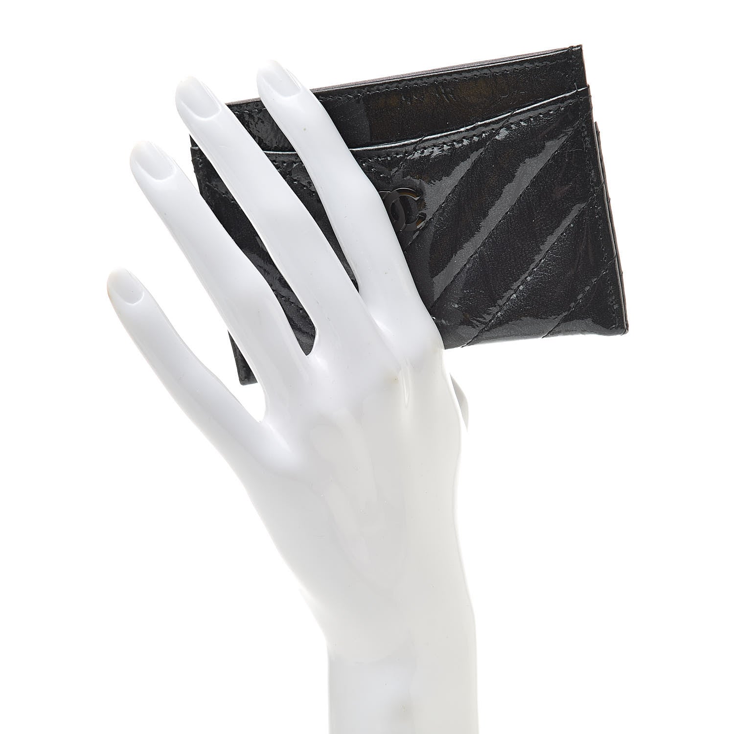 Chanel Patent Metallic Crumpled Calfskin Chevron Quilted Card Holder Black 2 of 9