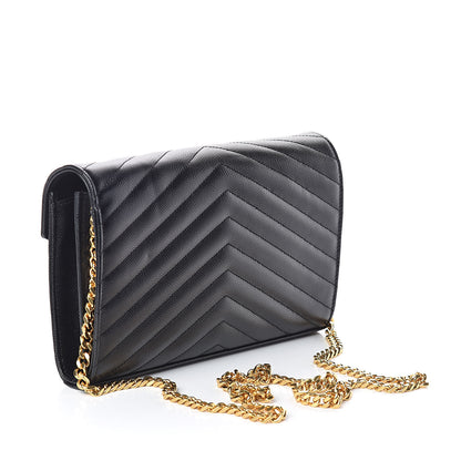 Saint Laurent Grain De Poudre Matelasse Chevron Monogram Chain Wallet Black 3 of 8