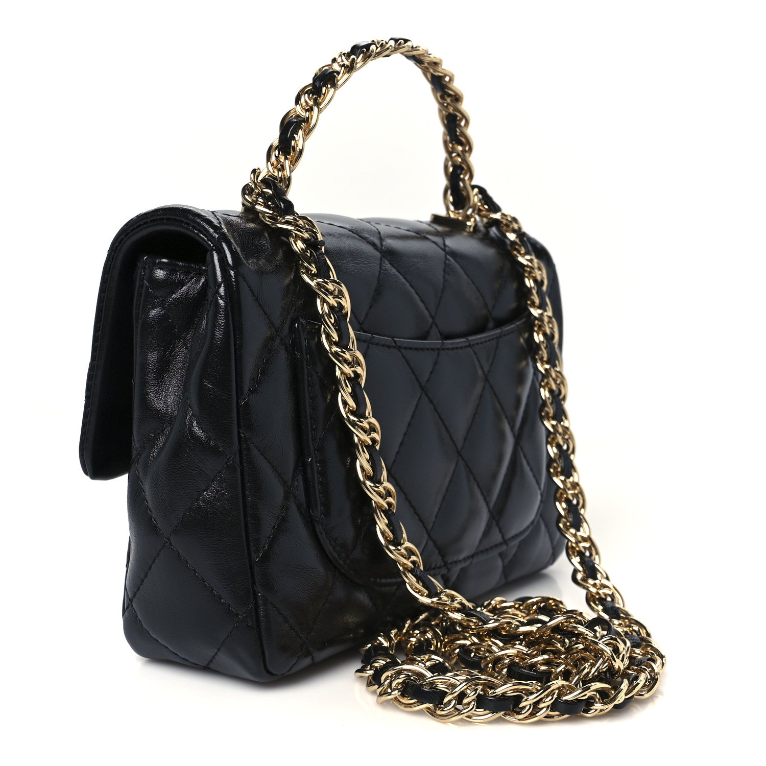 Chanel Shiny Lambskin Quilted Golden Links Top Handle Flap Black