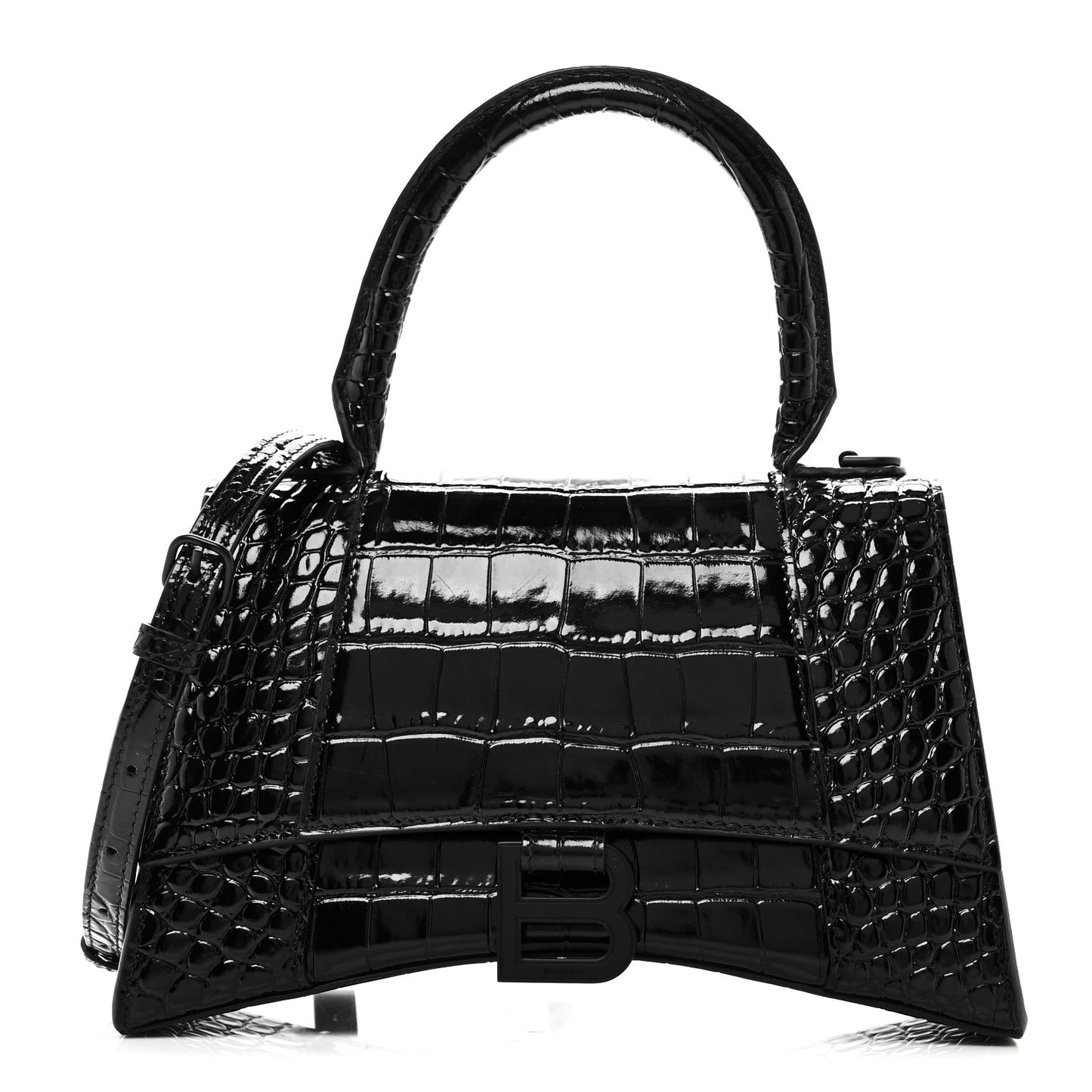 Shiny Calfskin Monochrome Crocodile Embossed Small Hourglass Top Handle Bag Black