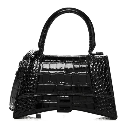 Balenciaga Shiny Calfskin Monochrome Crocodile Embossed Small Hourglass Top Handle Bag Black 1 of 10