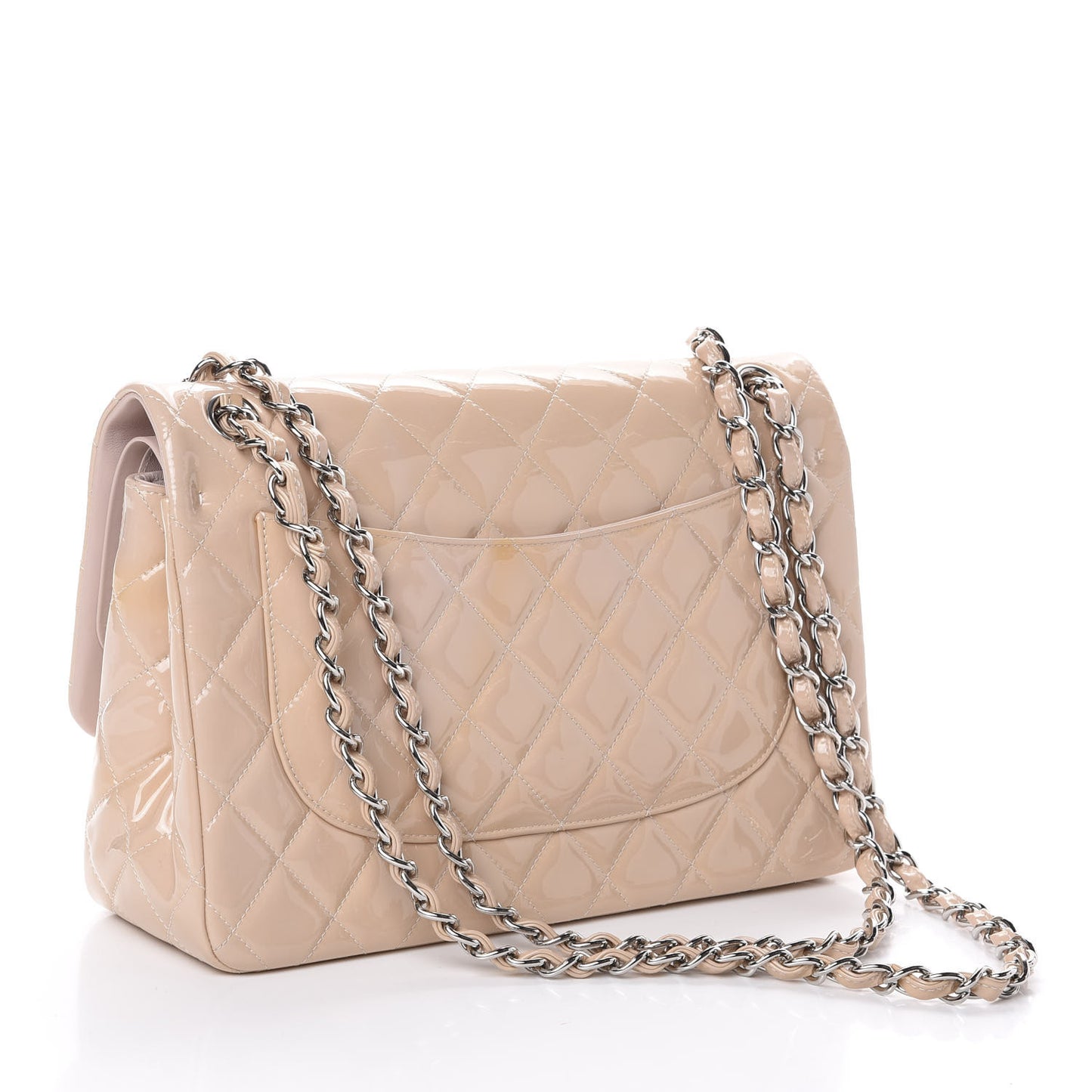 Patent Calfskin Quilted Jumbo Double Flap Beige