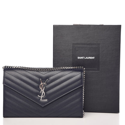 Saint Laurent Grain De Poudre Matelasse Chevron Monogram Chain Wallet Deep Marine 9 of 9