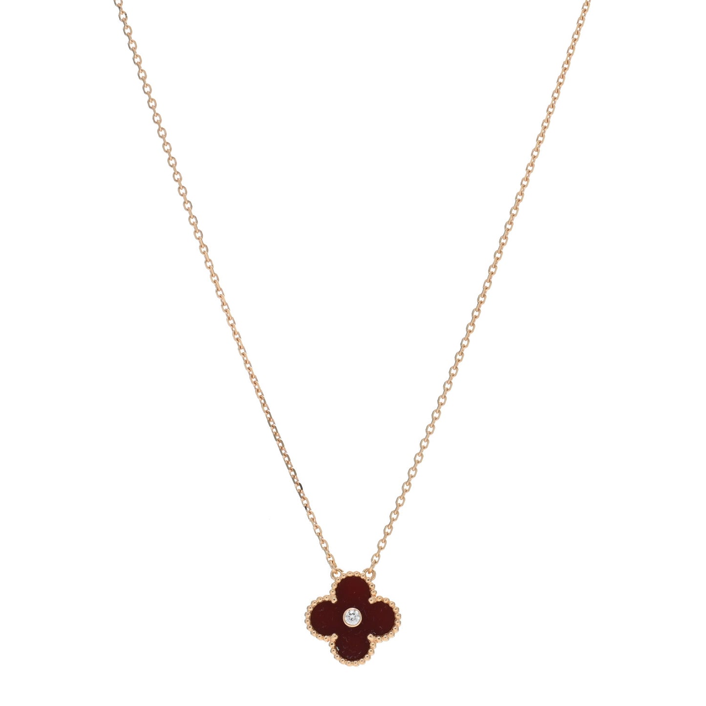 18K Rose Gold Diamond Carnelian Vintage Alhambra Pendant Necklace