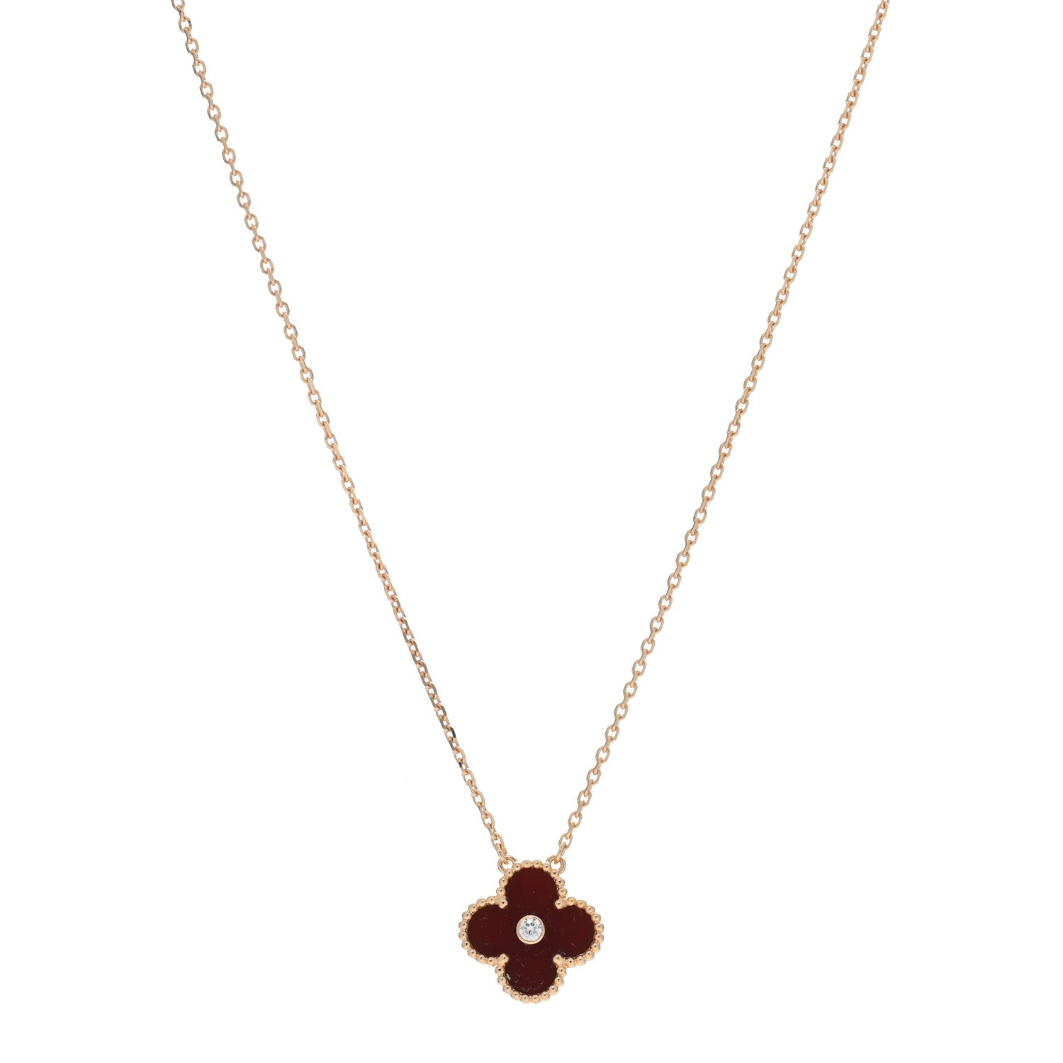 Van Cleef & Arpels 18K Rose Gold Diamond Carnelian Vintage Alhambra Pendant Necklace 1 of 4