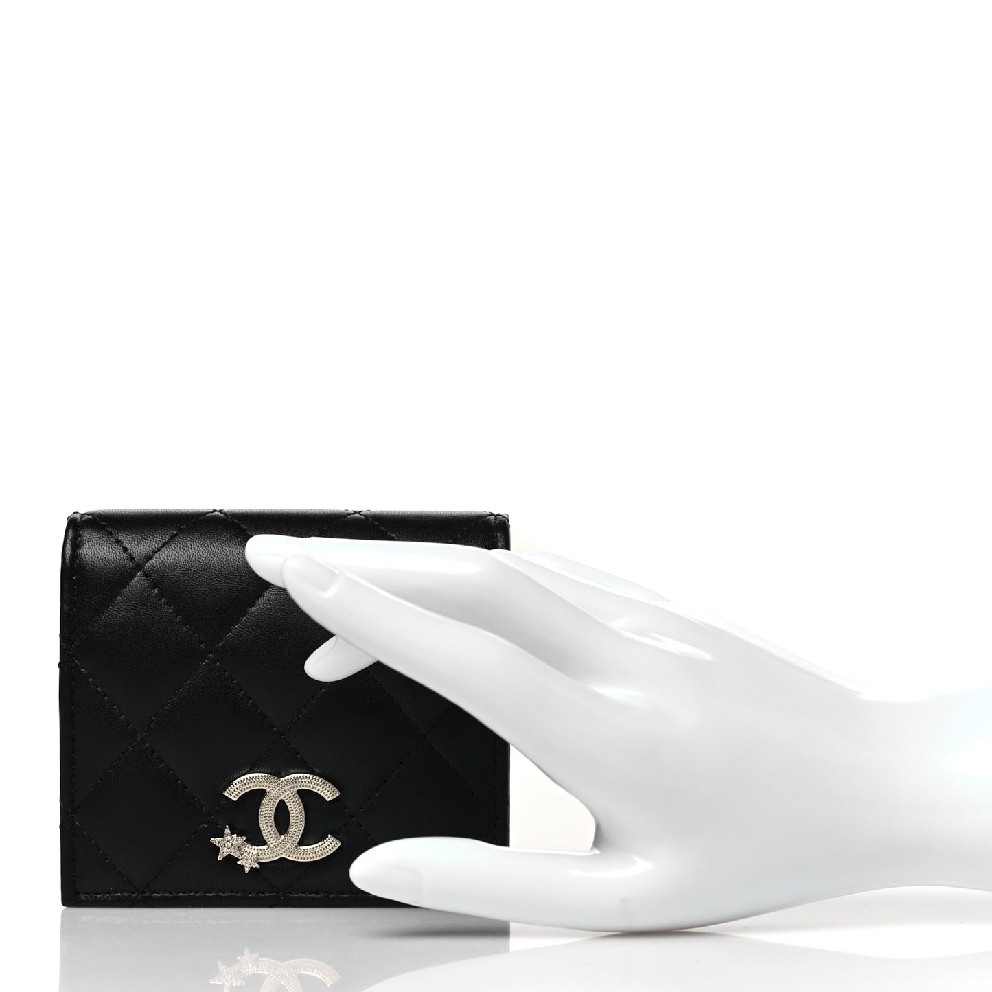 Lambskin Quilted Crystal Star CC Compact Bifold Wallet Black